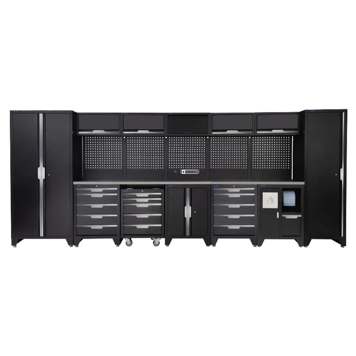 SGS 17pc Garage Storage System | 15 Drawers | Stainless Steel Worktop | Tall Single & Double Cabinets | Bin Unit | Floor Cabinet | 5x Upper Cabinets | Pegboard with Power Strip